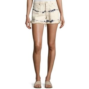 The Great. The cut-off Short Tie Dye Bleach Raw Hem Cream Blue Denim sz 26